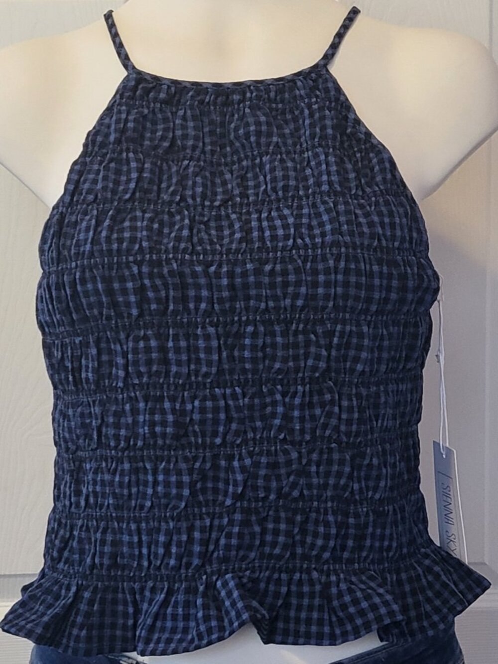 Sienna Sky Plaid Blue Black Tank Top Size L Peplum Cropped Ruched NWT